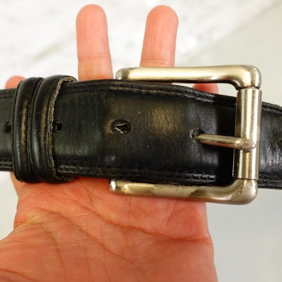 Belt‎ Mens Medium Black Dress Genuine Leather Silver Buckle Frame Solid Handmade - Picture 4 of 11